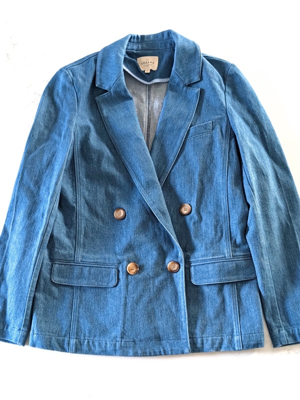 SEZANE Christie Denim Jacket Blazer FR 36 US 4 Blue Double Breasted Organic NWOT